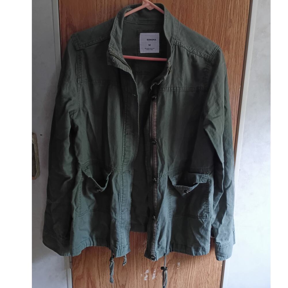 Olive Army Green Linen Cotton Utility Jacket Military Cinch Waist Toggle Pockets